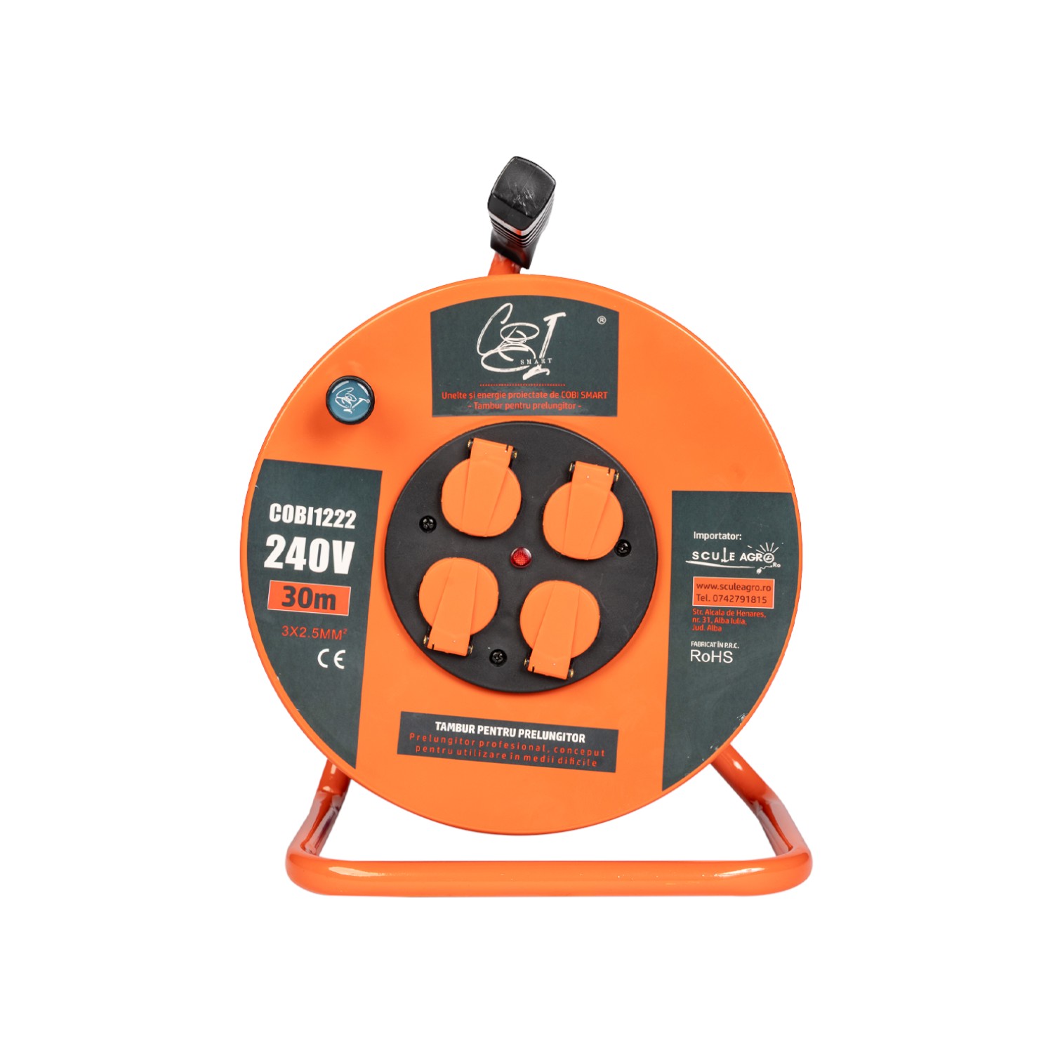 Prelungitor rola cu tambur metalic 3x2.5mm², 30 m, 4 prize Schuko - COBI SMART® - imagine 2