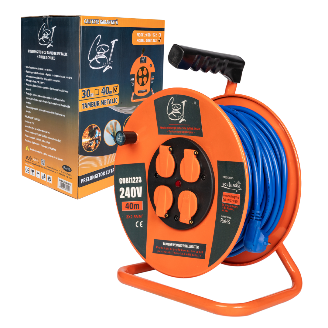 Prelungitor rola cu tambur metalic 3x2.5mm², 40 m, 4 prize Schuko - COBI SMART®