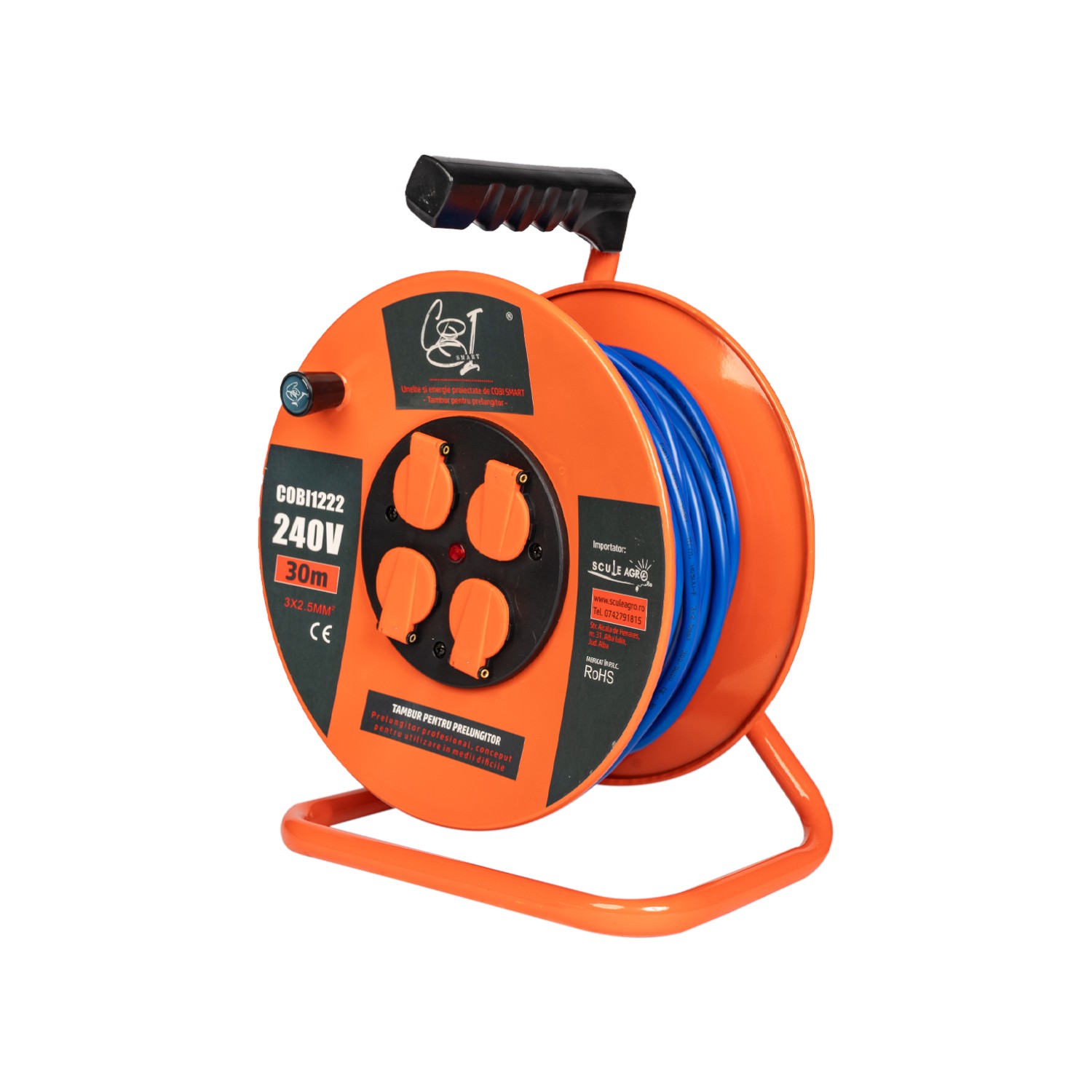 Prelungitor rola cu tambur metalic 3x2.5mm², 30 m, 4 prize Schuko - COBI SMART® - imagine 4