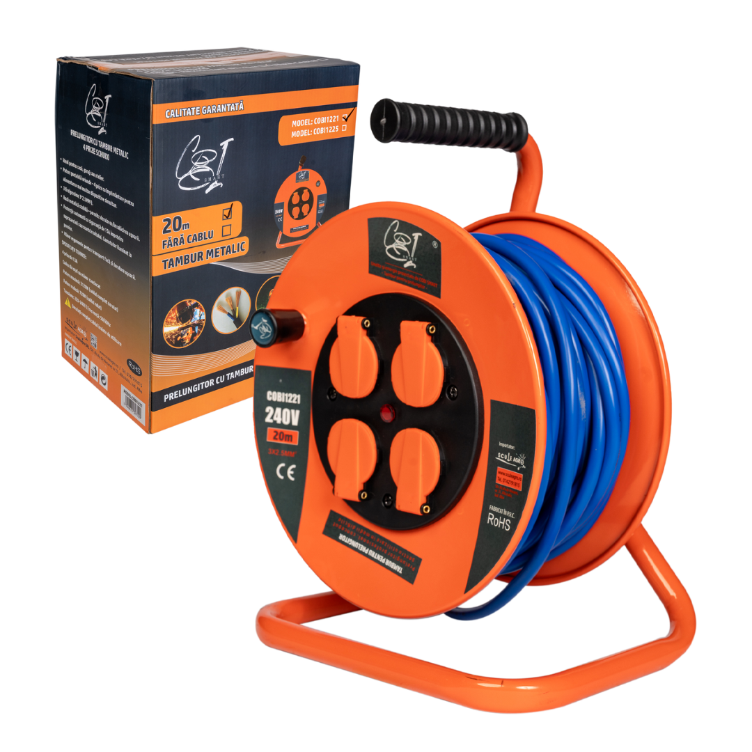 Prelungitor rola cu tambur metalic 3x2.5mm², 20 m, 4 prize Schuko - COBI SMART®