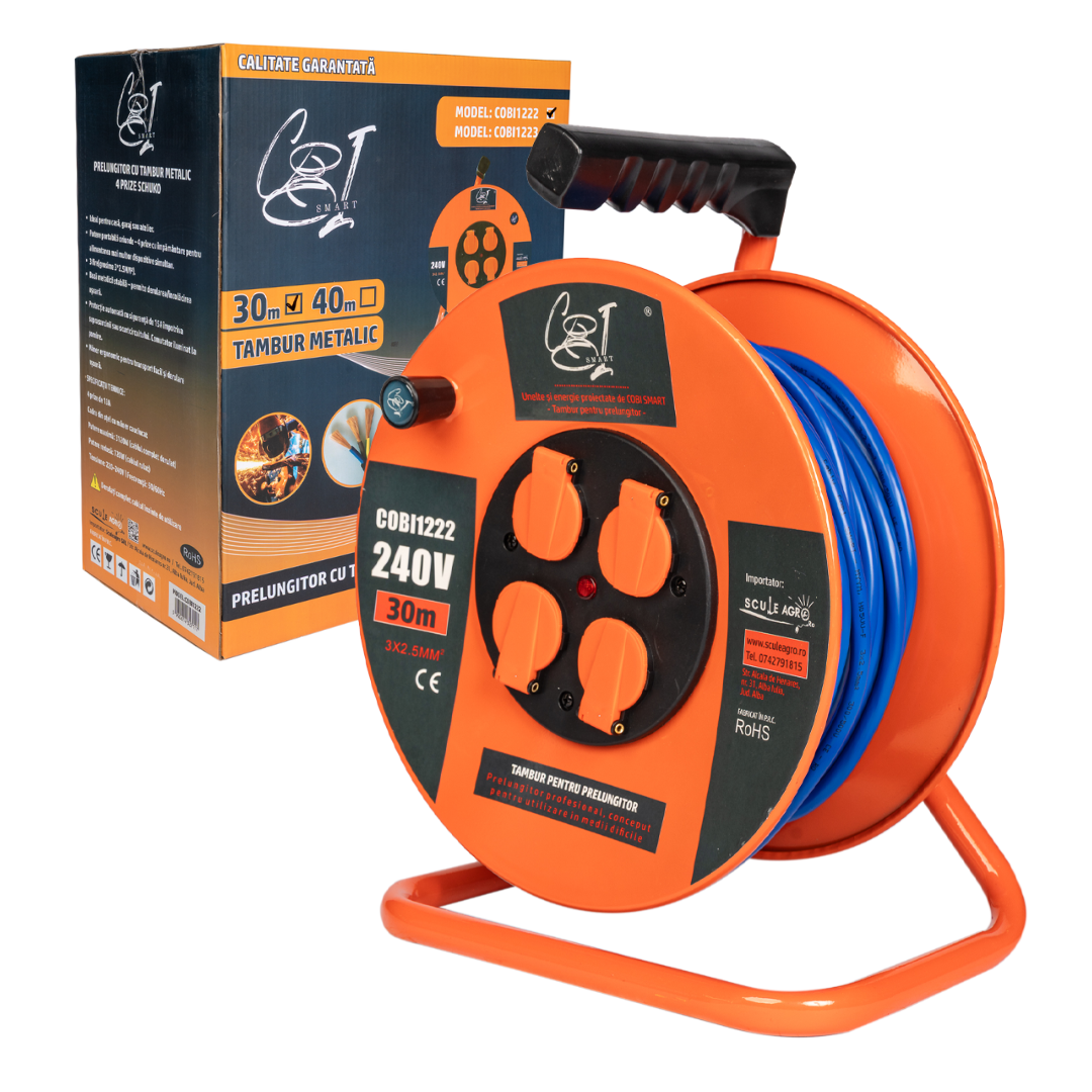 Prelungitor rola cu tambur metalic 3x2.5mm², 30 m, 4 prize Schuko - COBI SMART®