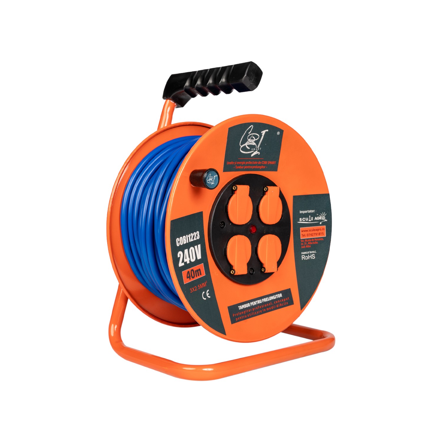 Prelungitor rola cu tambur metalic 3x2.5mm², 40 m, 4 prize Schuko - COBI SMART® - imagine 2