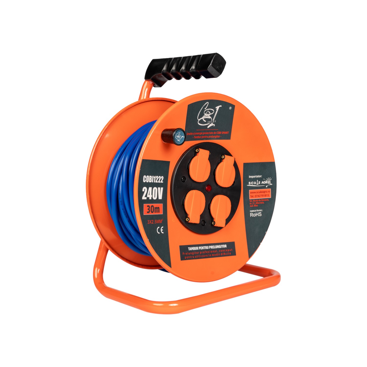 Prelungitor rola cu tambur metalic 3x2.5mm², 30 m, 4 prize Schuko - COBI SMART® - imagine 3