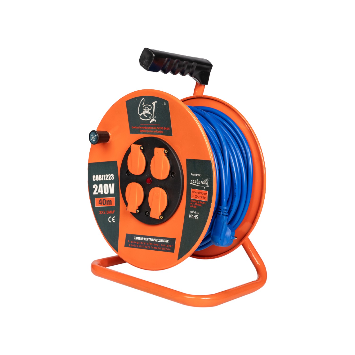 Prelungitor rola cu tambur metalic 3x2.5mm², 40 m, 4 prize Schuko - COBI SMART® - imagine 4
